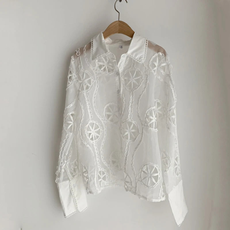 White Embroidered Hollow Blouse - Long Sleeve Vintage Office Top