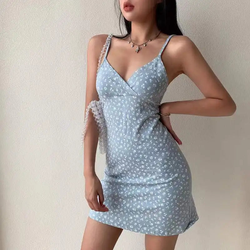Y2K Floral Cross Cami Mini Dress - Sleeveless V Neck Korean Outfit