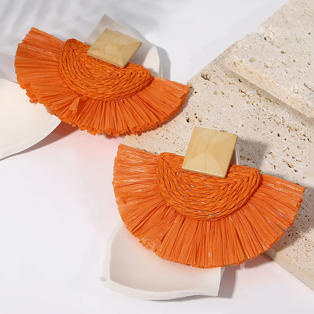 Handmade Raffia Fan Drop Earrings - Wooden Rattan Summer Jewelry