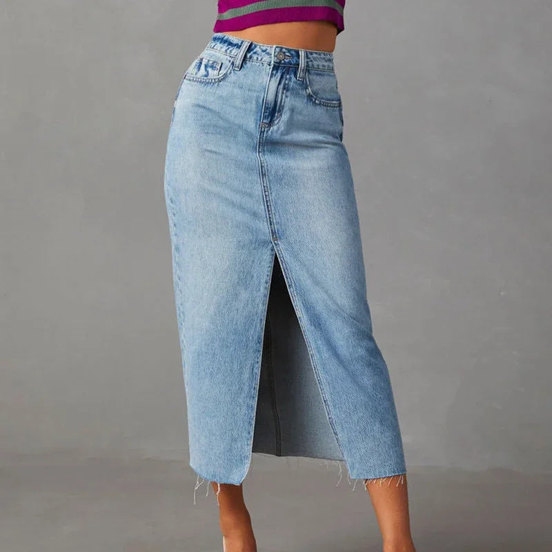 Washed Denim A-Line Midi Skirt - High Waist Split Vintage Long Skirt