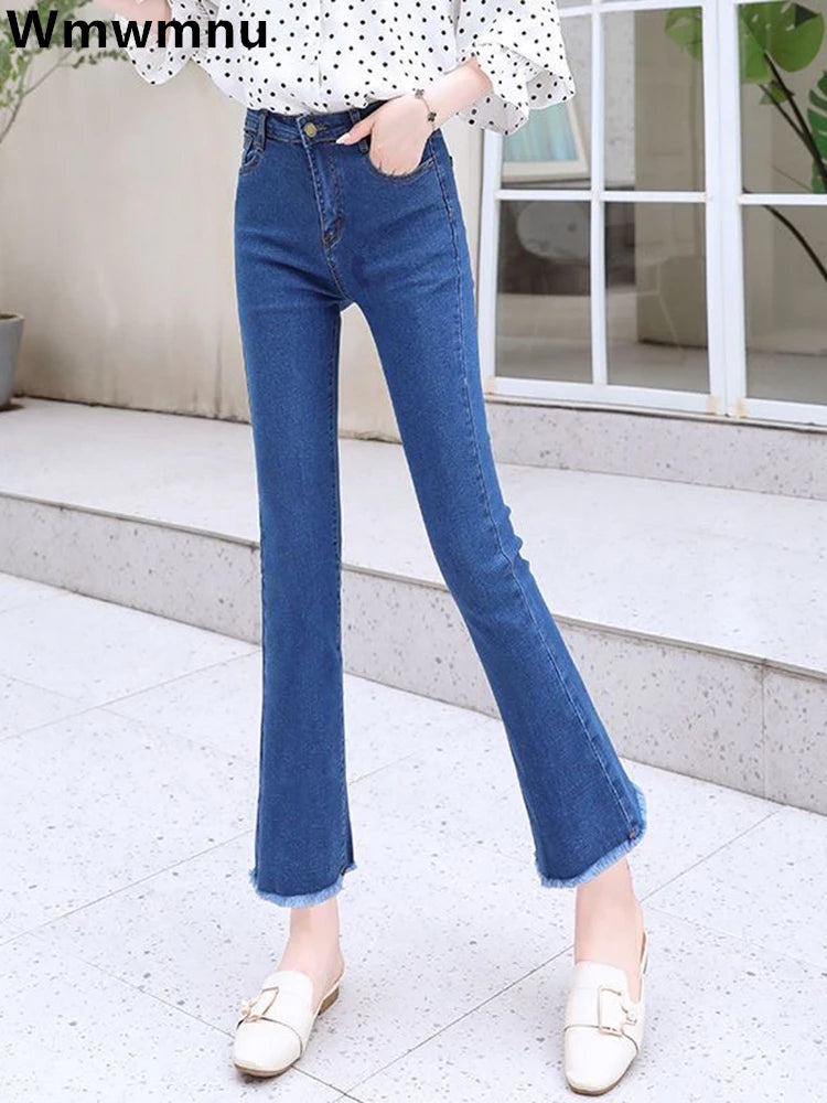 Slim Flare High Waist Jeans - Korean Ankle Length Stretch Denim