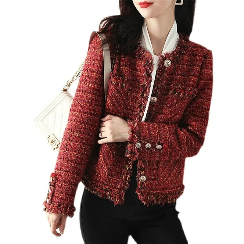 Red Tweed Short Jacket - Thick Slim French Style Outwear