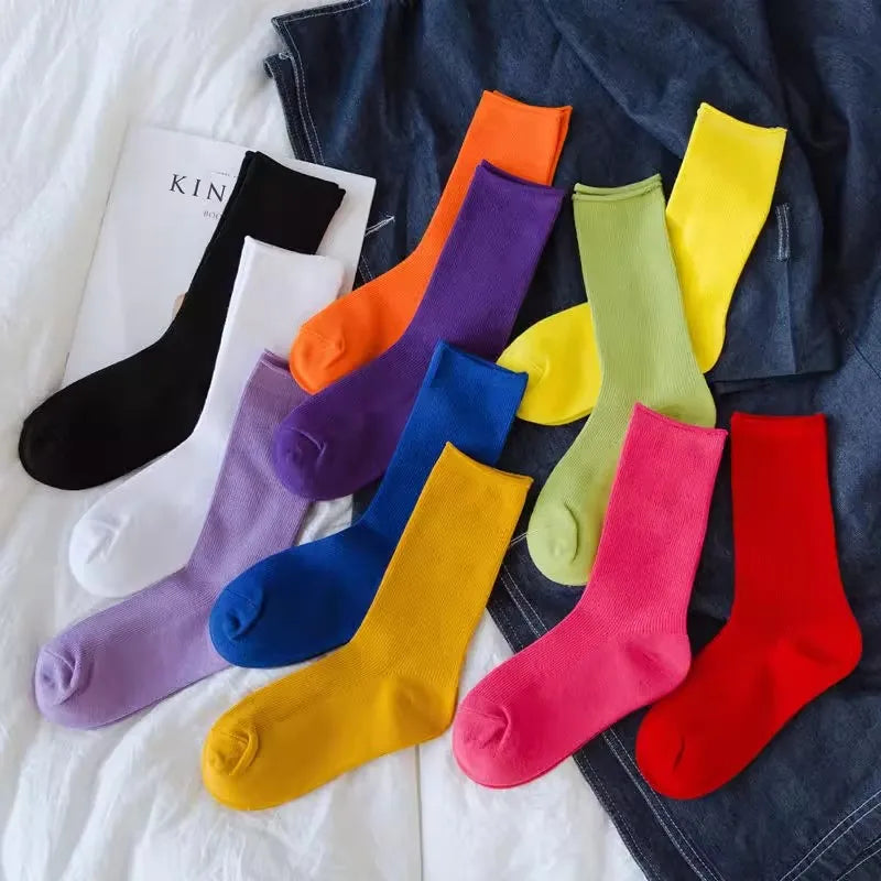 Solid Color Crew Socks - Breathable Preppy Korean Socks