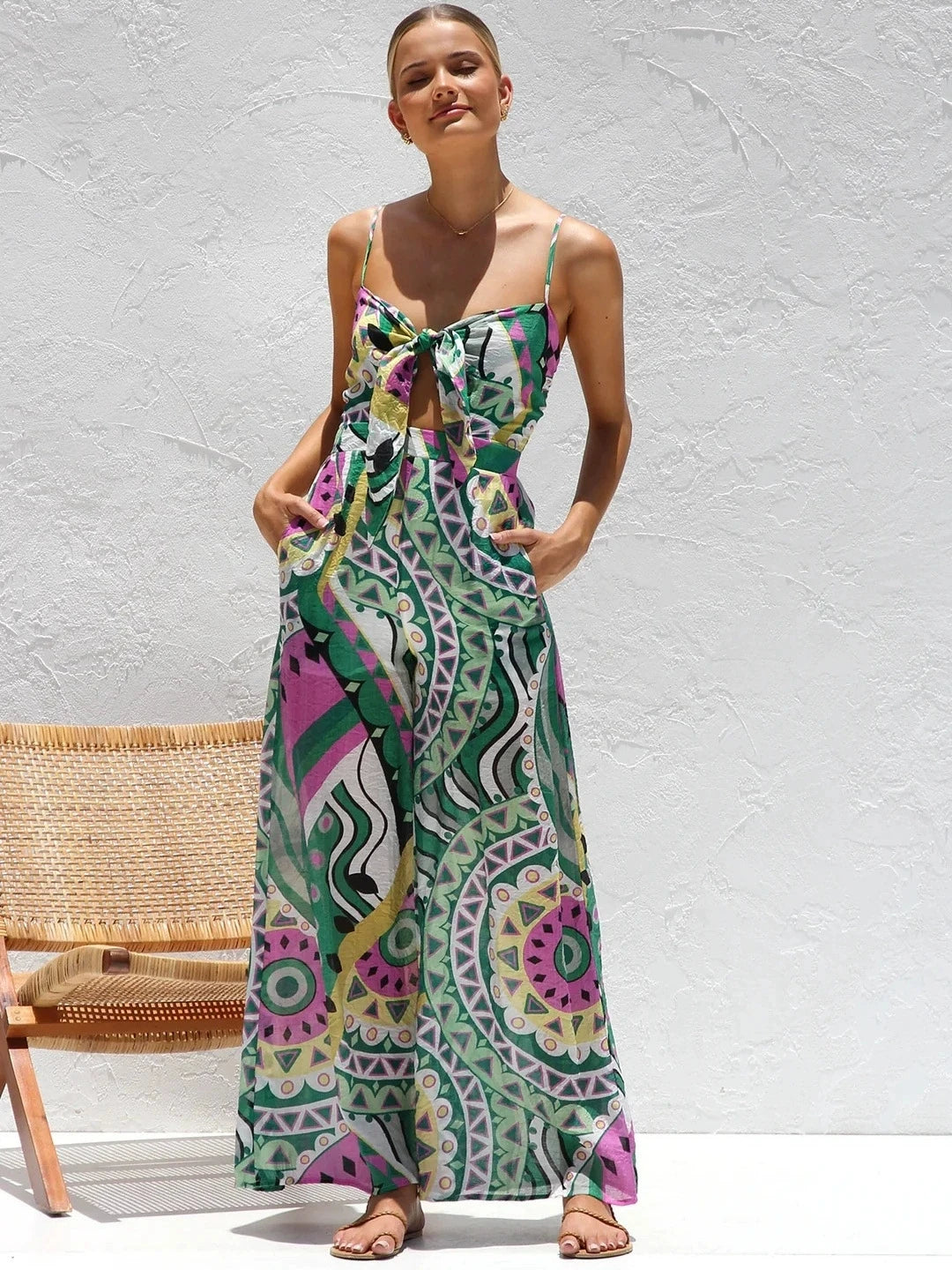 Printed Spaghetti Strap Bowknot Jumpsuit - High Waist Vacation Outfit