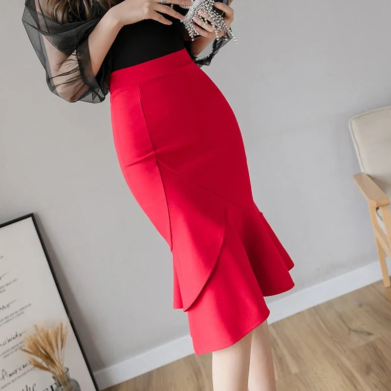 Elegant Black Bodycon Midi Skirt - High Waist Office Corset Skirt