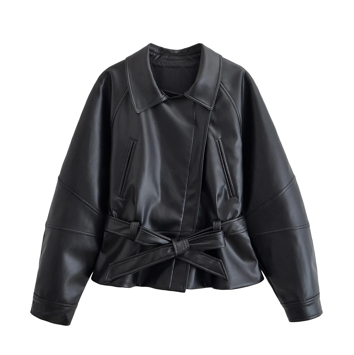 Faux Leather Belted Trench Jacket - Short Motorcycle Style Coat