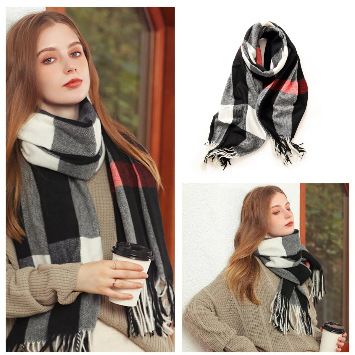 Classic Plaid Blanket Scarf - Cashmere-Feel Large Warm Shawl