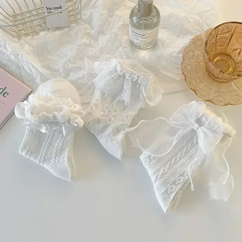 Lace Bow Ruffle Socks - Japanese Lolita Mid Tube Stockings