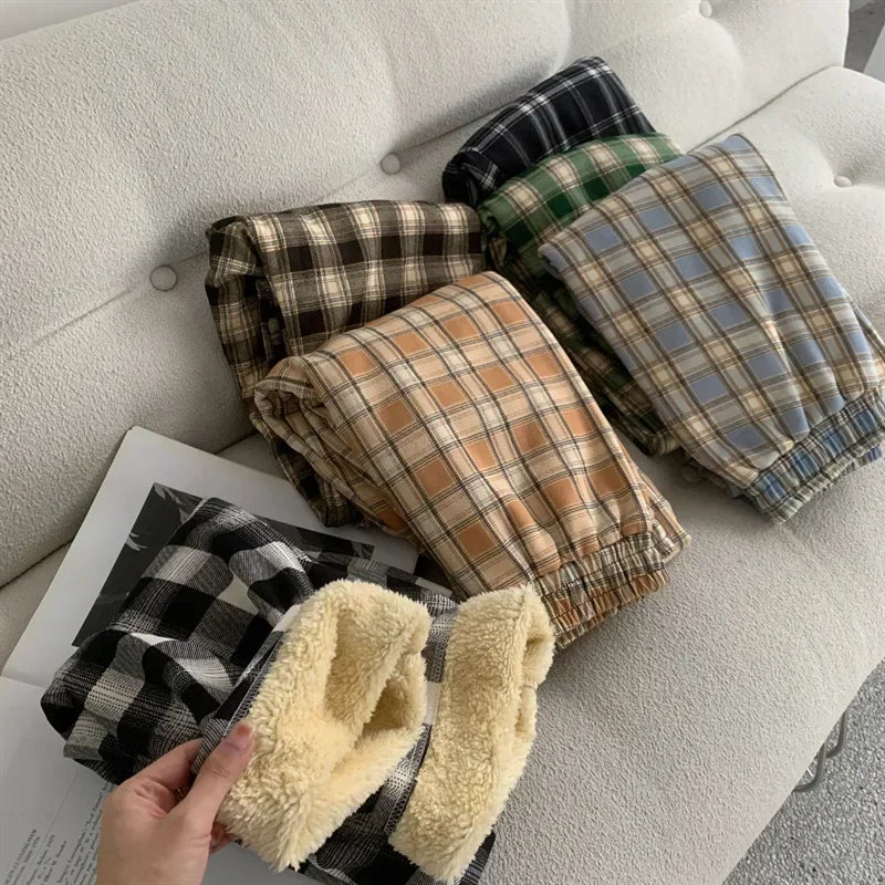 Fleece Lined Plaid Trousers - High Waisted Straight Winter Pants