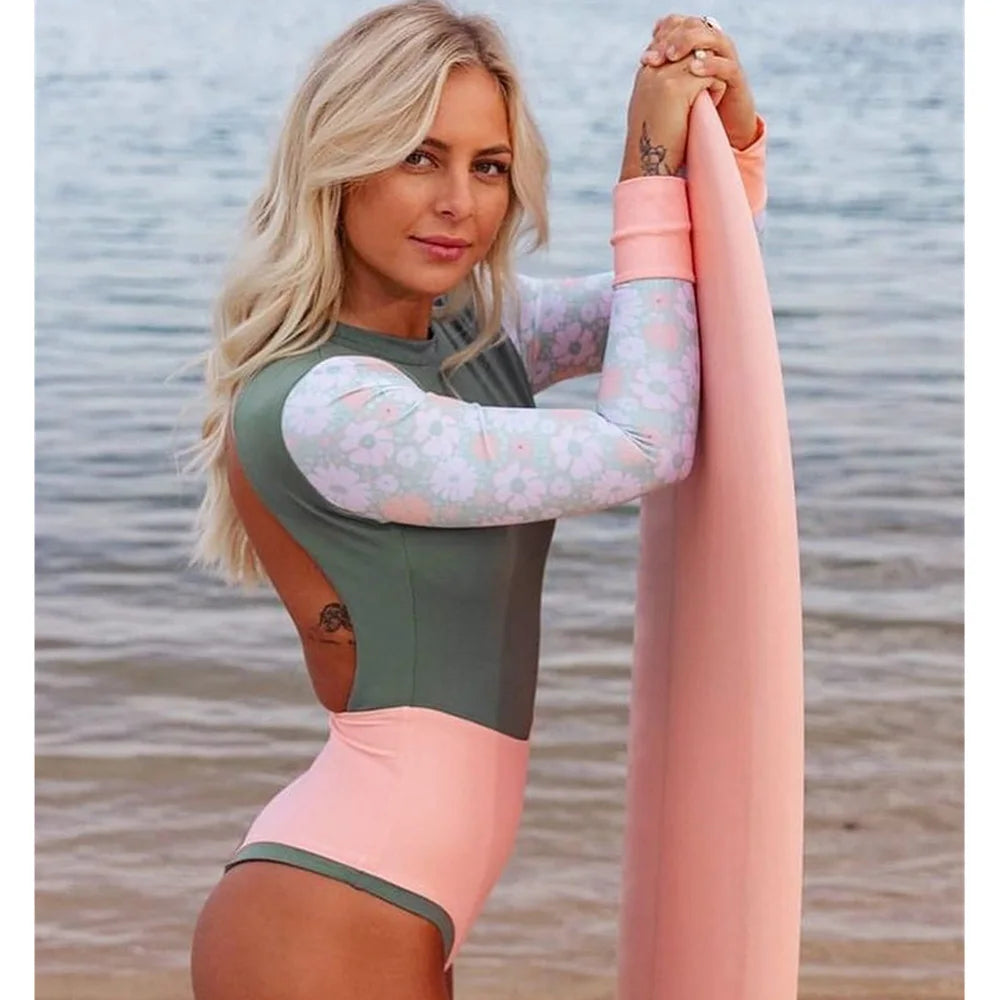 Long Sleeve Floral Surf Swimsuit - Black Retro One Piece Swimwear