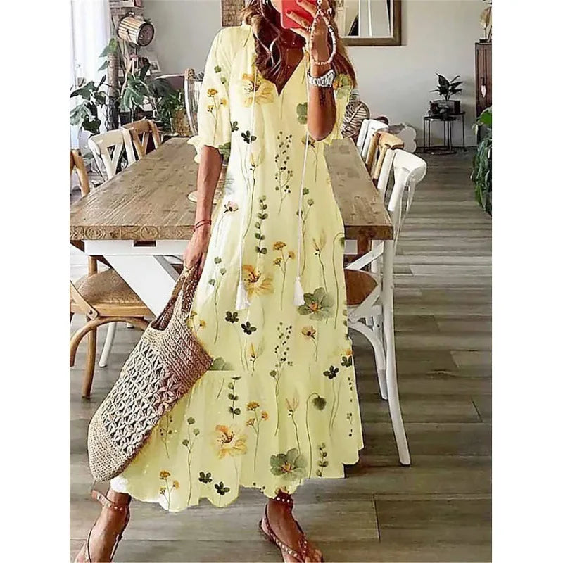 Bohemian Floral V Neck Maxi Dress - Drawstring Beach Vacation Outfit