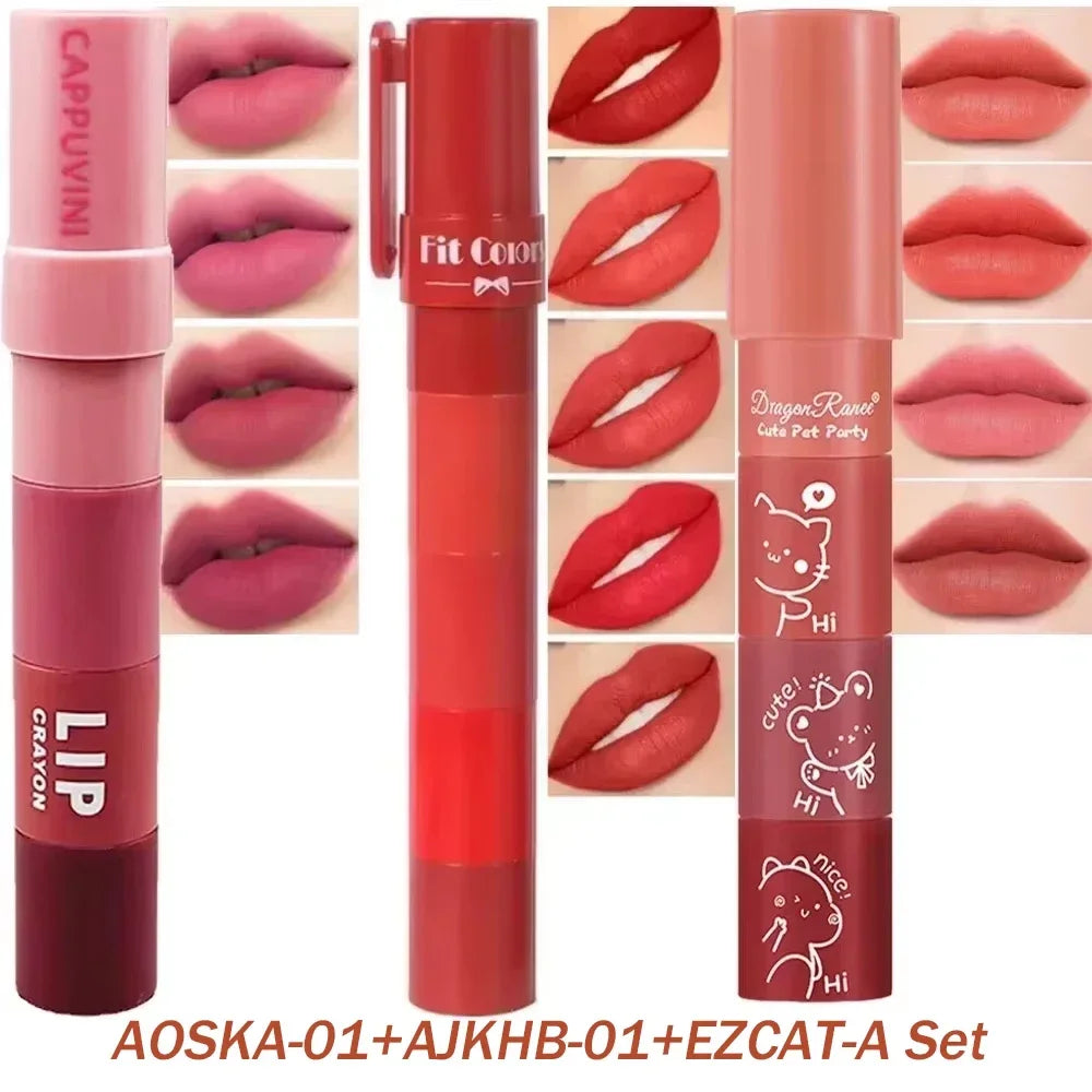 4-in-1 Matte Lipstick Crayon Kit - Waterproof Velvet Lip Color