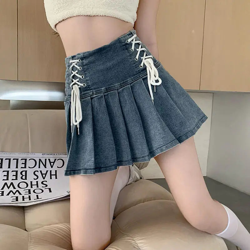 Denim Lace-Up Pleated Mini Skirt - Korean High Waist Streetwear Skirt