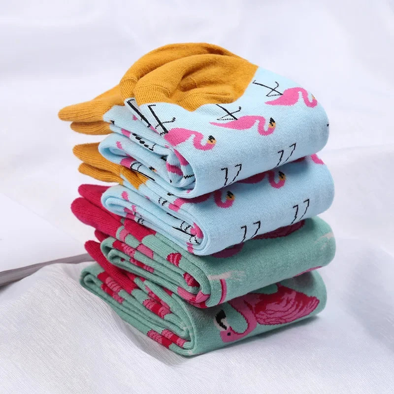 Cartoon Flamingo Cotton Crew Socks - Funny Harajuku Casual Pair