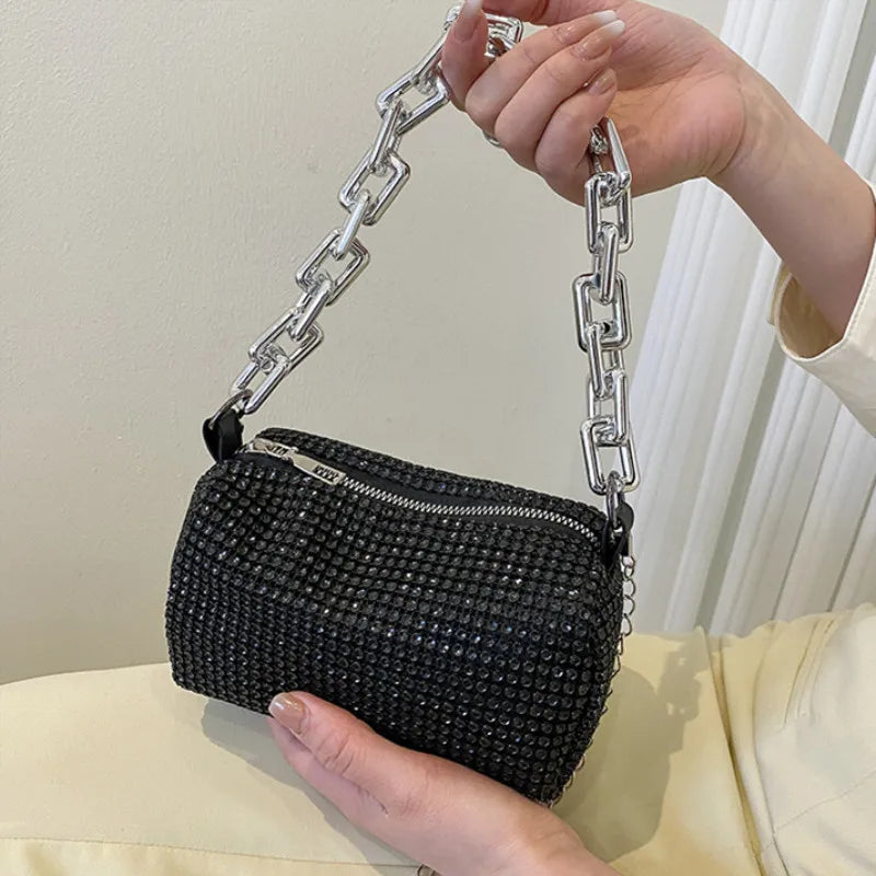 Glitter Rhinestone Bucket Bag - Mini Chain Prom Crossbody Purse