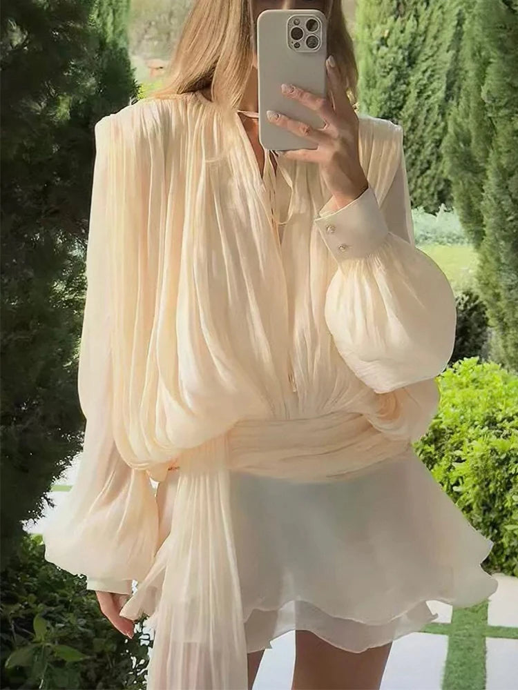 Lace Up Blouse Mini Dress - V Neck Long Sleeve Sweet Style Outfit