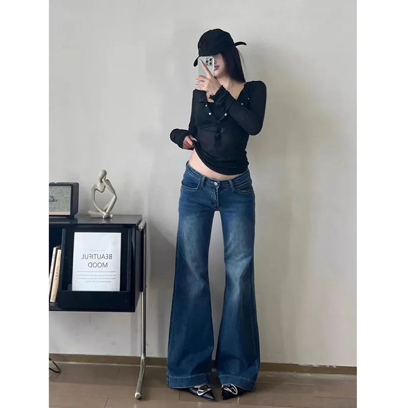 Low Waisted Y2K Flare Jeans - Slimming Korean Denim Pants