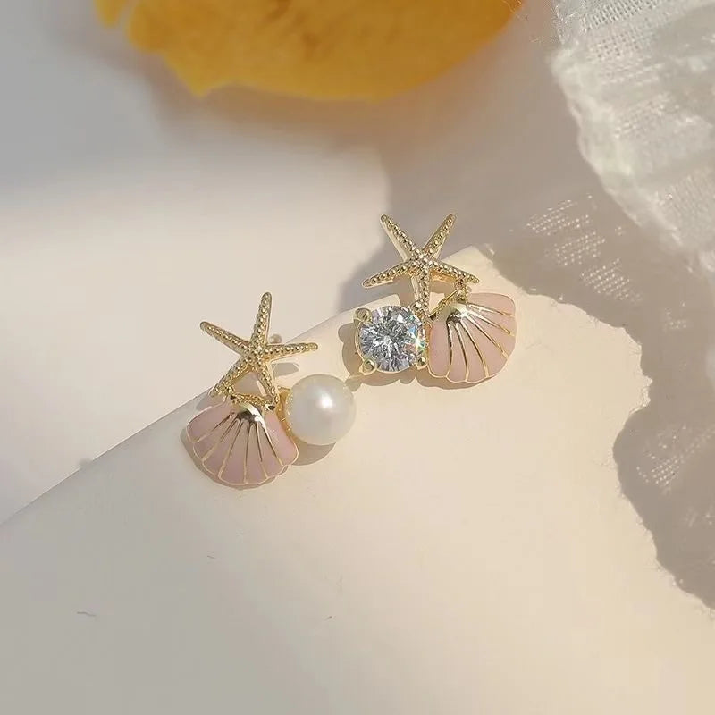 Shell Starfish Stud Earrings - Asymmetric Pearl Rhinestone Jewelry