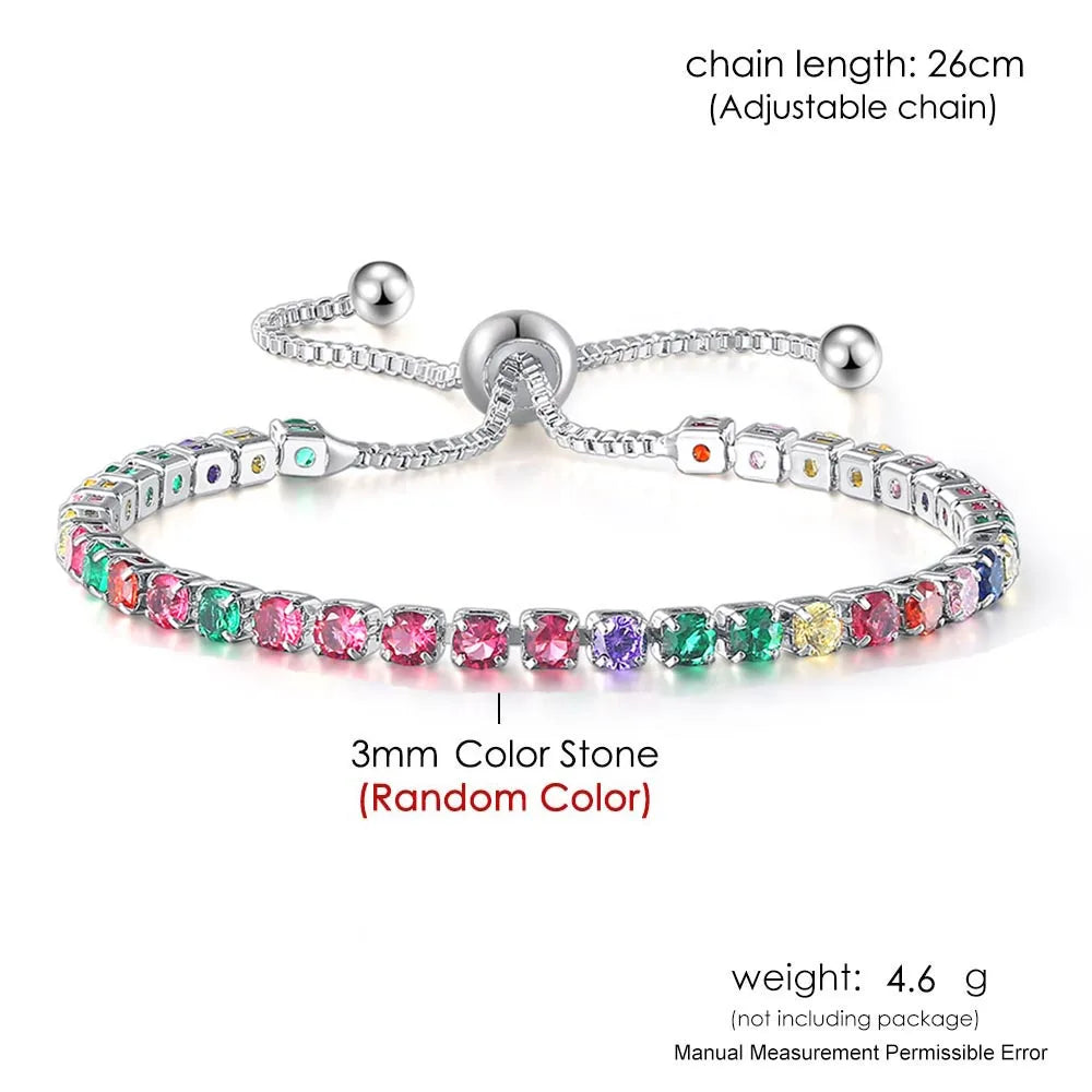 Adjustable Rainbow Zircon Tennis Bracelet - Colorful Wedding Hand Chain