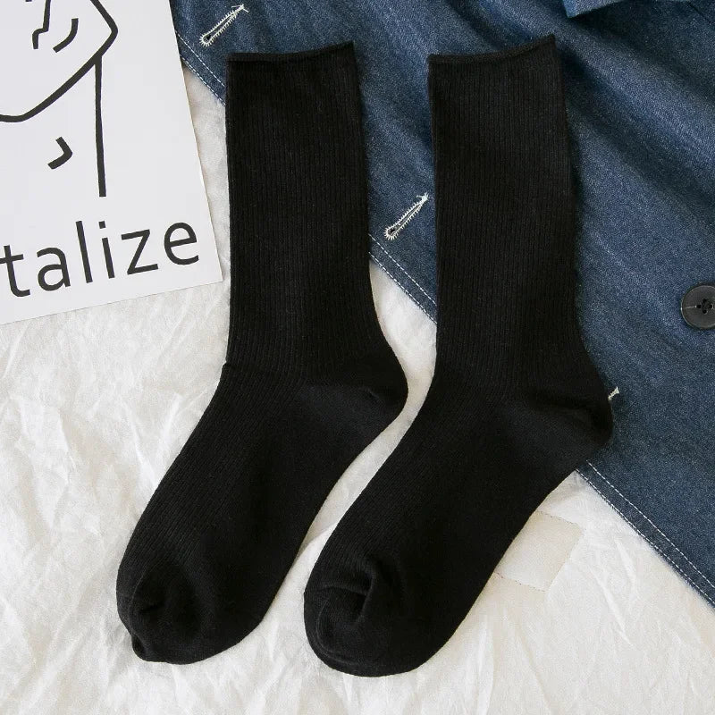 Solid Color Crew Socks - Breathable Preppy Korean Socks