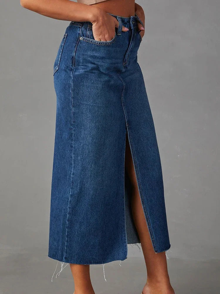 Washed Denim A-Line Midi Skirt - High Waist Split Vintage Long Skirt