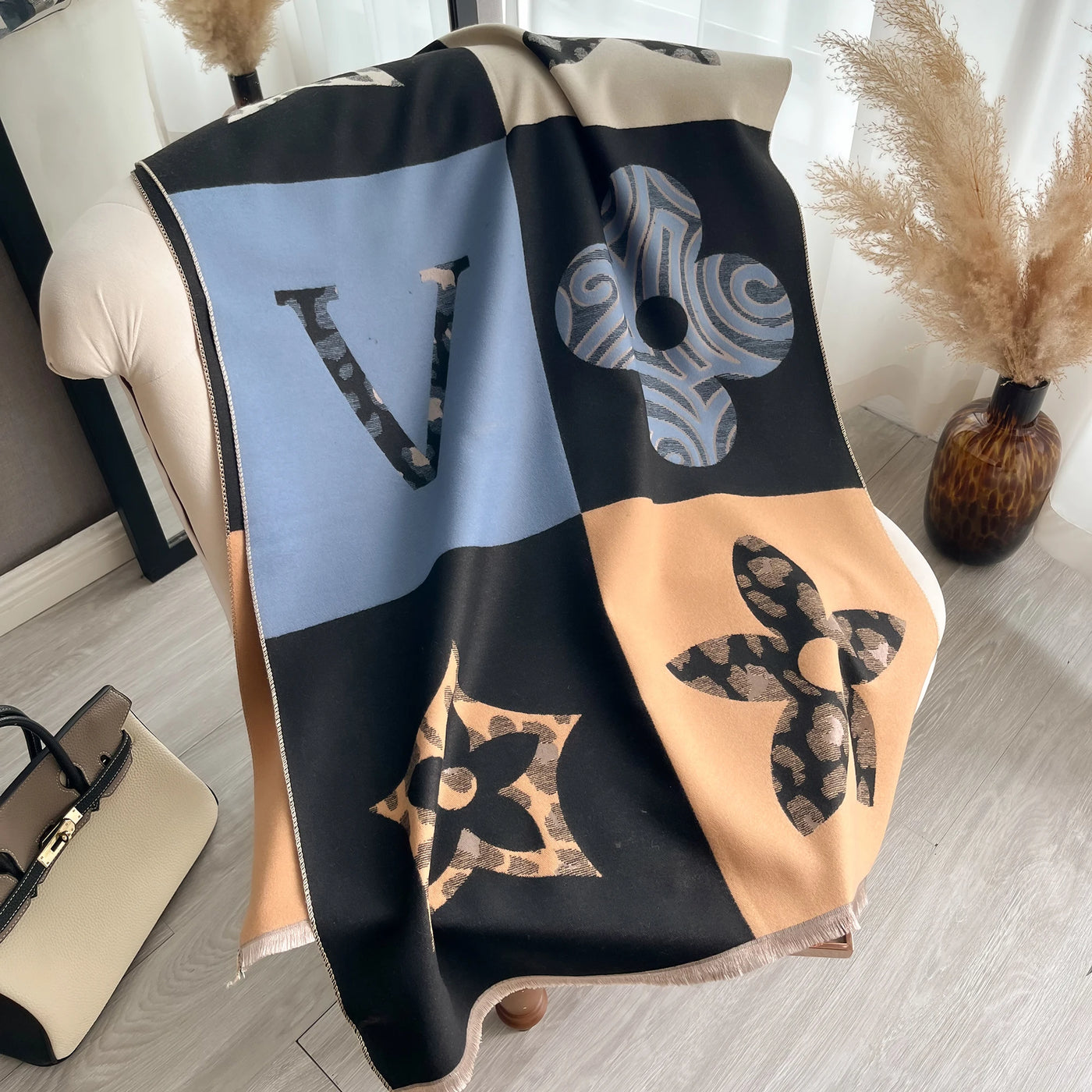 Floral Print Cashmere-Feel Scarf - Soft Autumn Winter Shawl