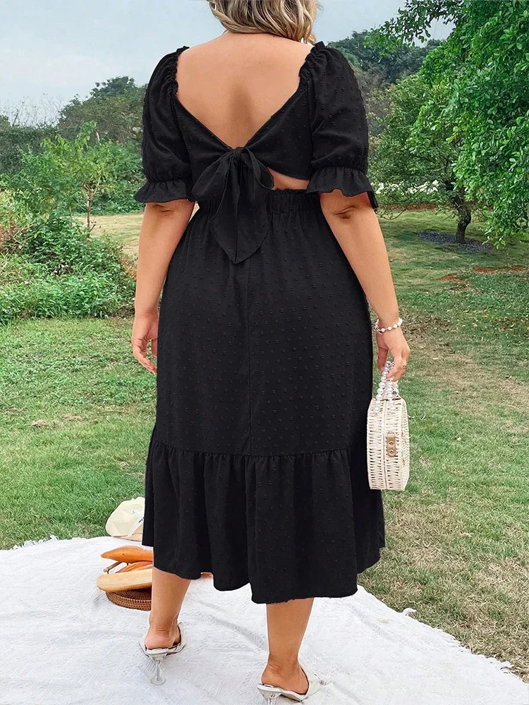 Plus Size Ruffle Hem Midi Dress - Square Neck Backless Outfit