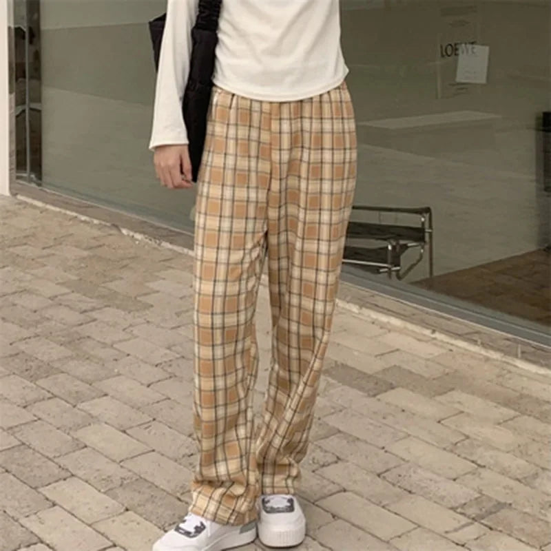 Fleece Lined Plaid Trousers - High Waisted Straight Winter Pants