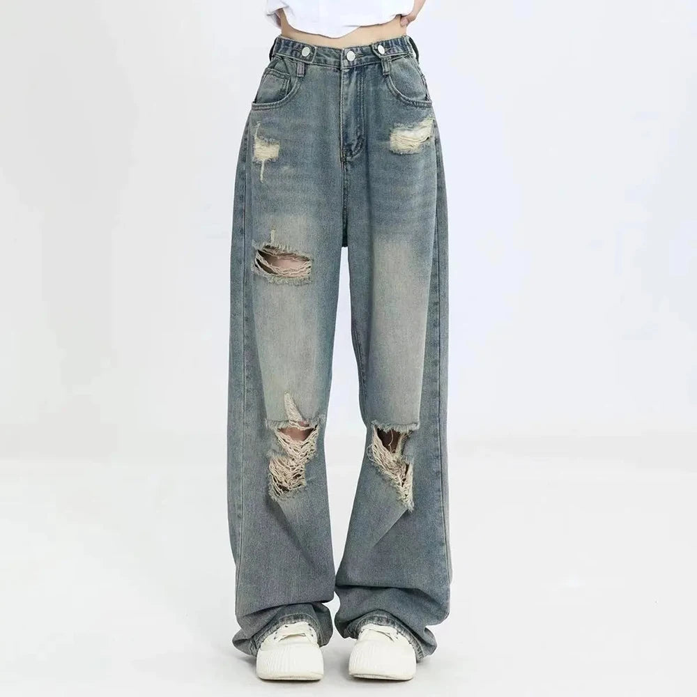 American Retro Distressed Wide Leg Jeans - High Waist Streetwear Denim