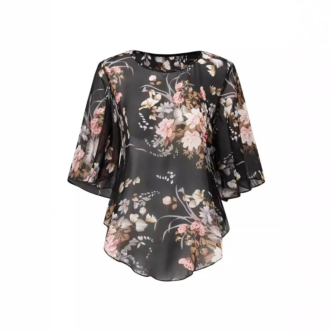 Floral Chiffon Bat Sleeve Blouse - Sheer Loose Vintage Top