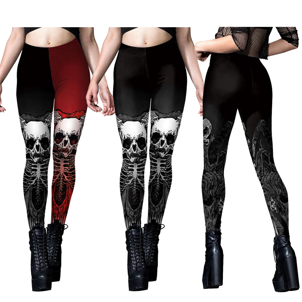 Halloween Skeleton Print Leggings - Gothic Punk Stretch Tights