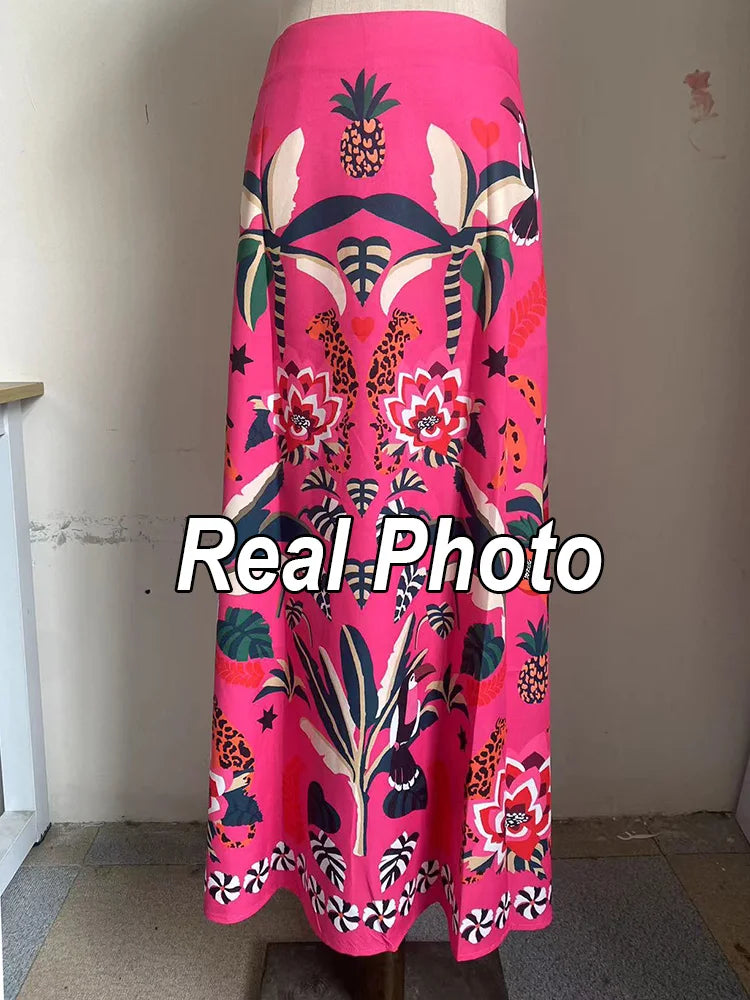 Floral Printed A-Line Skirt - Summer Autumn Zipper Midi Skirt