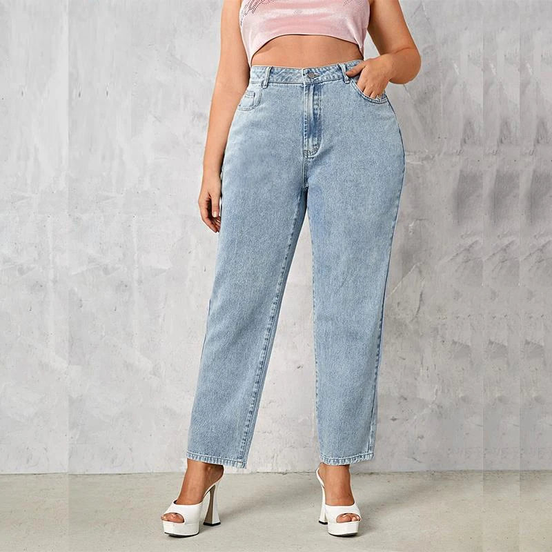Plus Size Dark Blue Stretch Jeans - Loose Straight Autumn Denim Pants