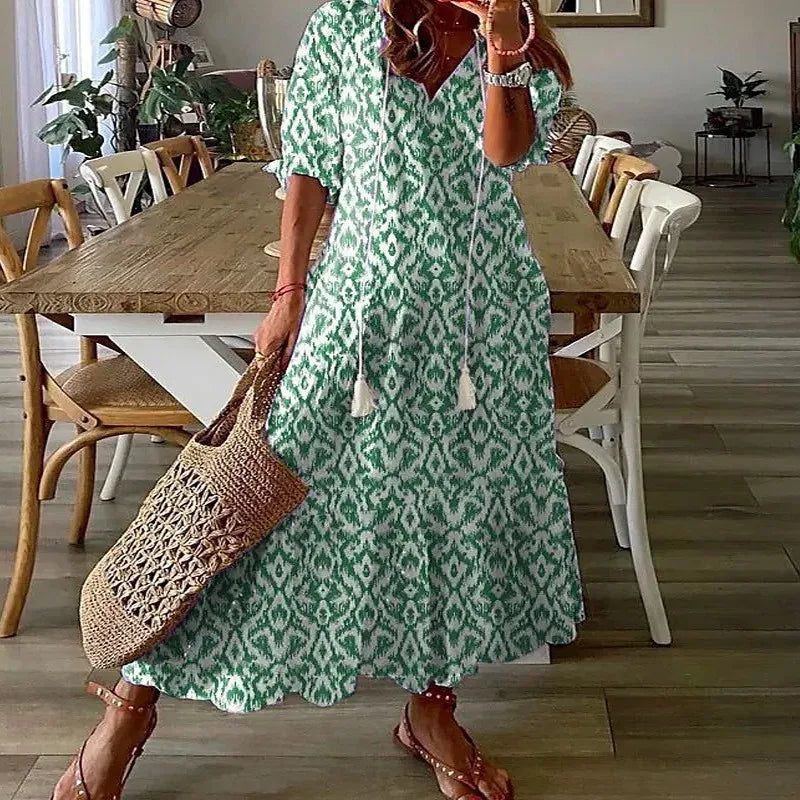 Bohemian Floral V Neck Maxi Dress - Drawstring Beach Vacation Outfit