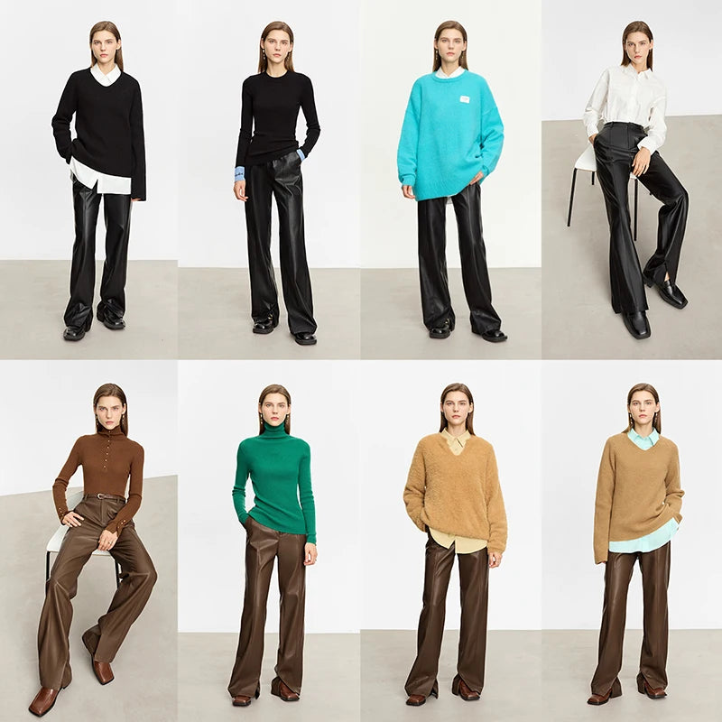 PU Leather Straight Slit Pants - Minimalist Floor Length Trousers