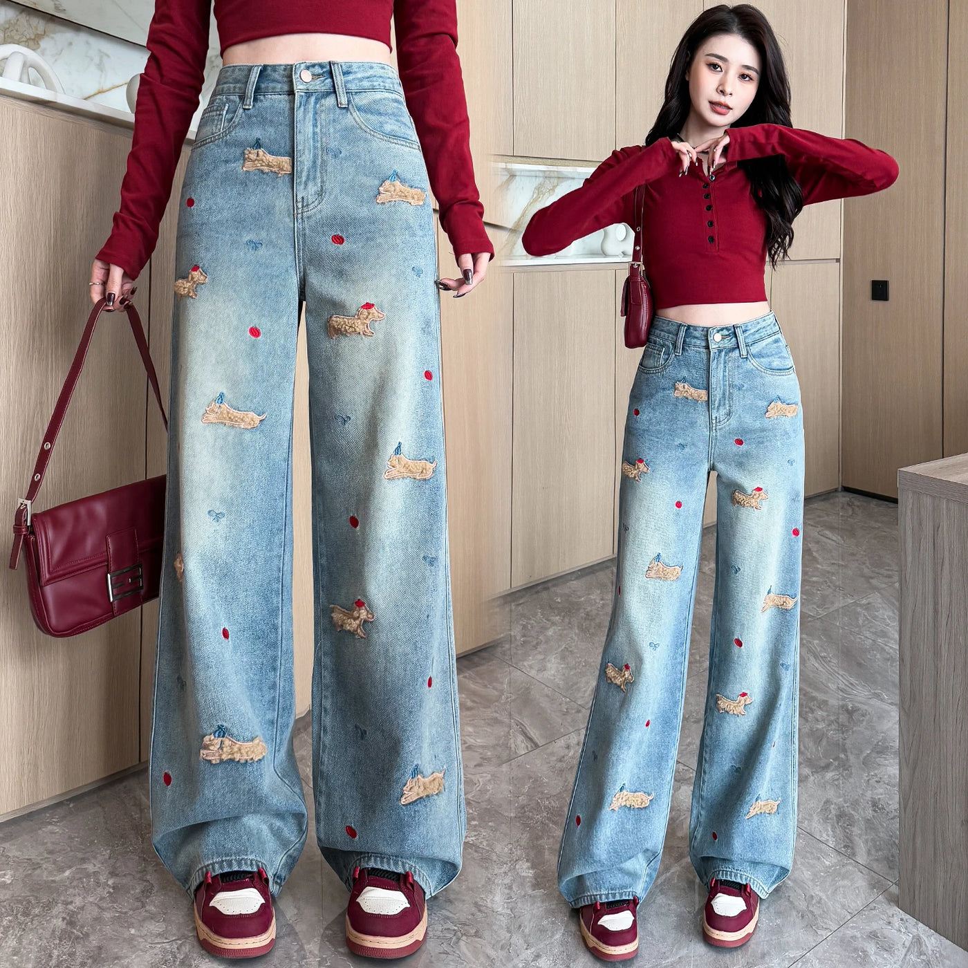 Embroidered Dog Straight Leg Jeans - Korean Loose Denim Pants