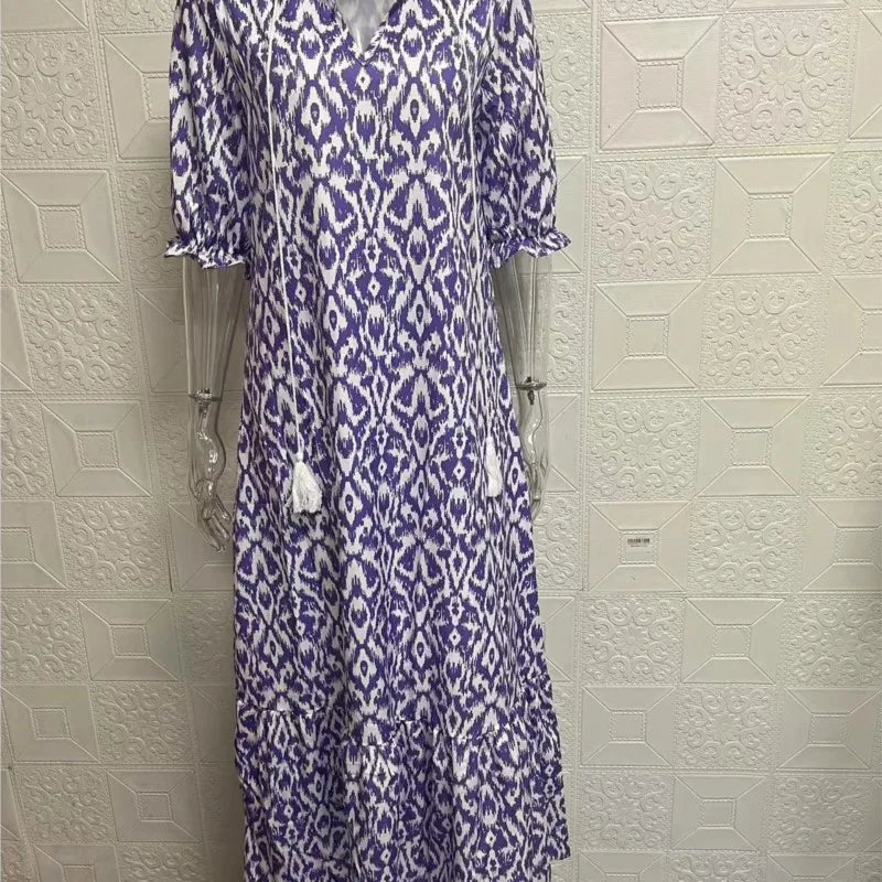 Bohemian Floral V Neck Maxi Dress - Drawstring Beach Vacation Outfit