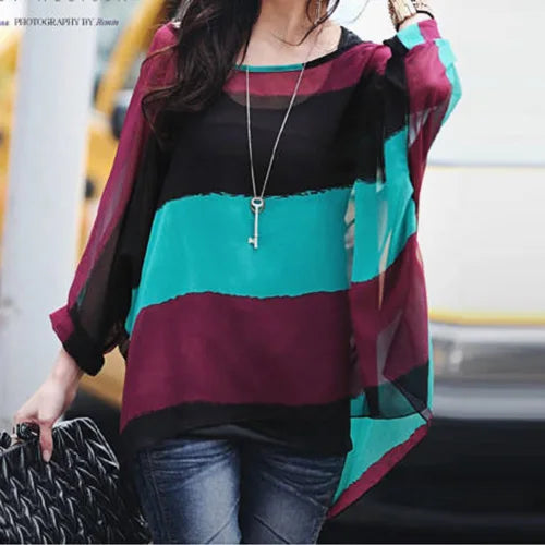 Plus Size Batwing Chiffon Blouse - Boho Loose Summer Shirt