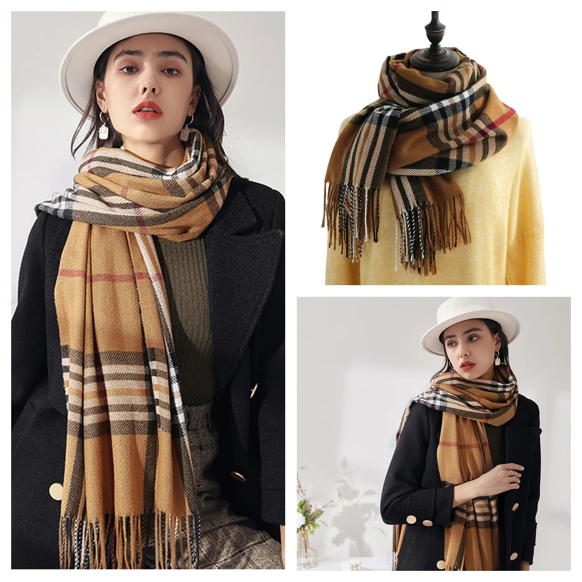 Classic Plaid Blanket Scarf - Cashmere-Feel Large Warm Shawl
