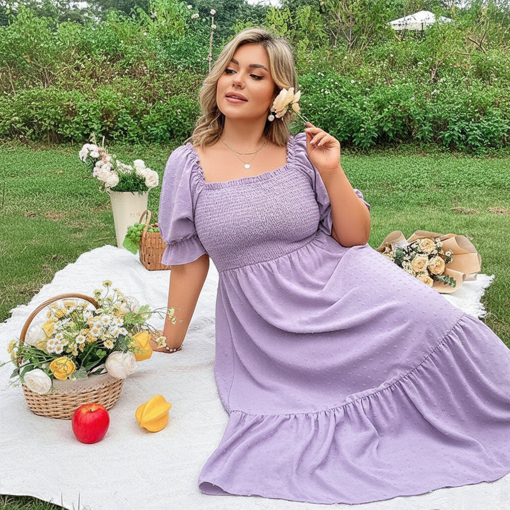 Plus Size Ruffle Hem Midi Dress - Square Neck Backless Outfit