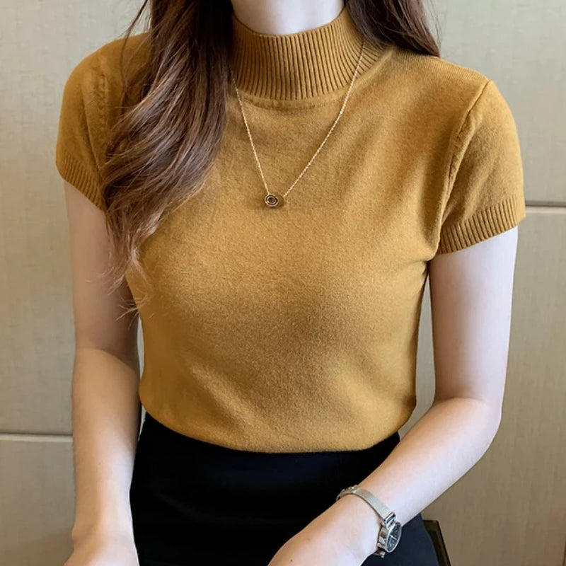 Half High Neck Stretch Top - Korean Solid Short Sleeve Shirt