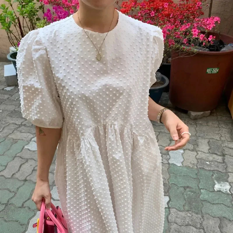 Polka Dot Puff Sleeve Long Dress - Casual O Neck Party Outfit