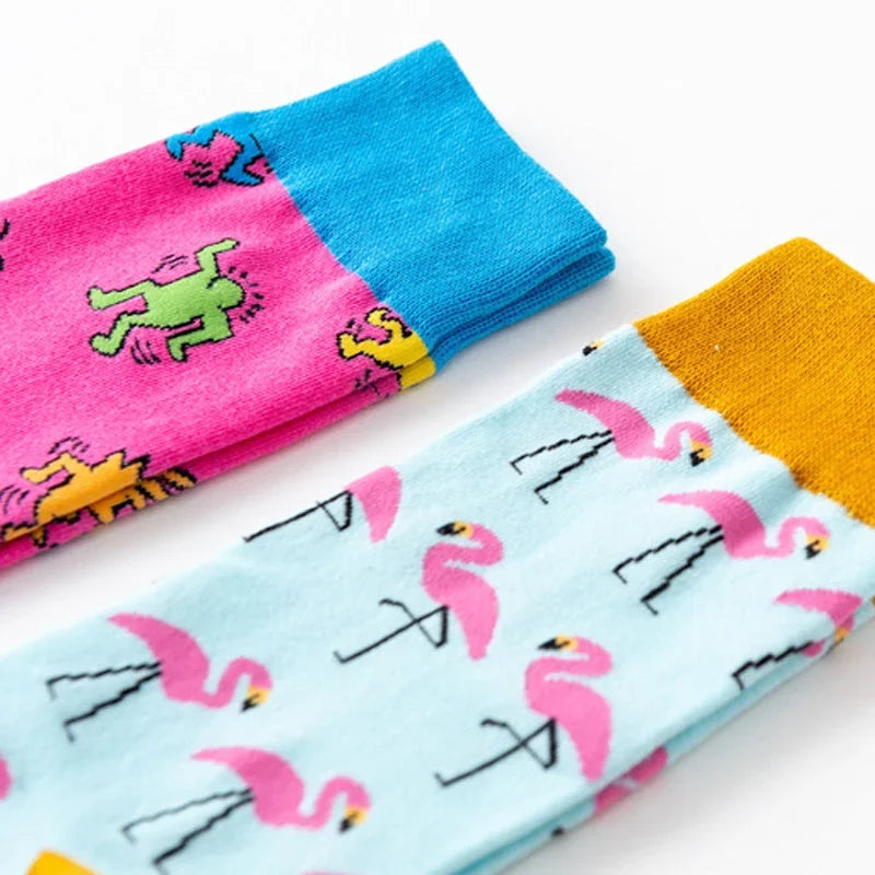 Cartoon Flamingo Cotton Crew Socks - Funny Harajuku Casual Pair