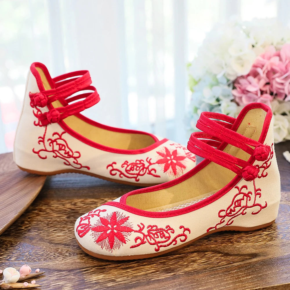 Sunflower Embroidered Ballet Flats - Canvas Ankle Strap Casual Shoes