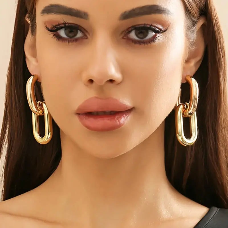 Geometric U Shape Hoop Earrings - Punk Metal Link Jewelry