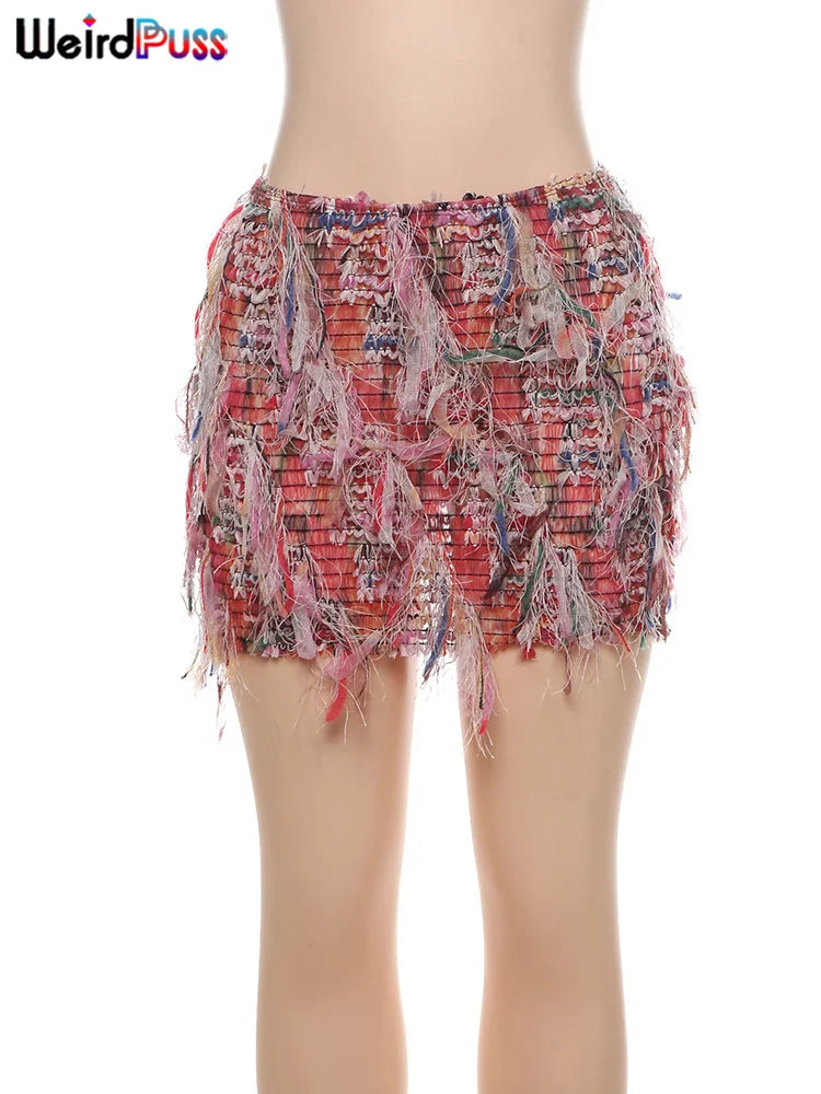 Colorful Tassel Knit Hip Skirt - Stretch Summer Streetwear Bottom