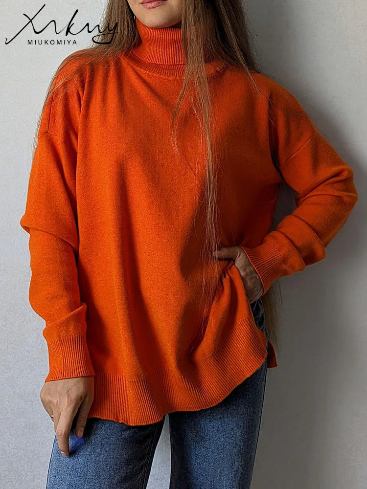Side Split Turtleneck Sweater - Oversize Knitted Autumn Pullover
