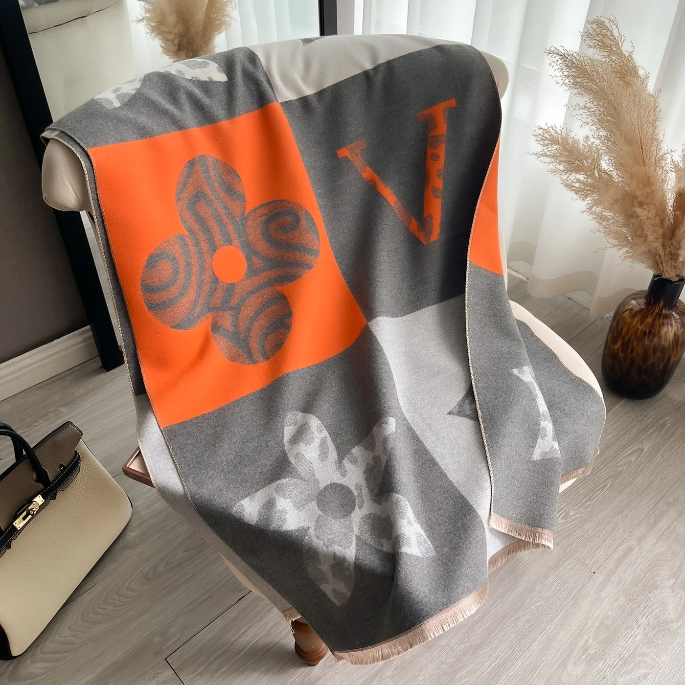 Floral Print Cashmere-Feel Scarf - Soft Autumn Winter Shawl