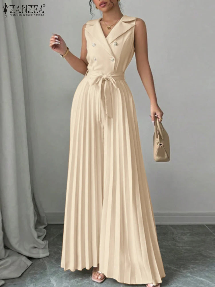 ZANZEA V Neck Pleated Jumpsuit - Sleeveless Wide Leg Workwear