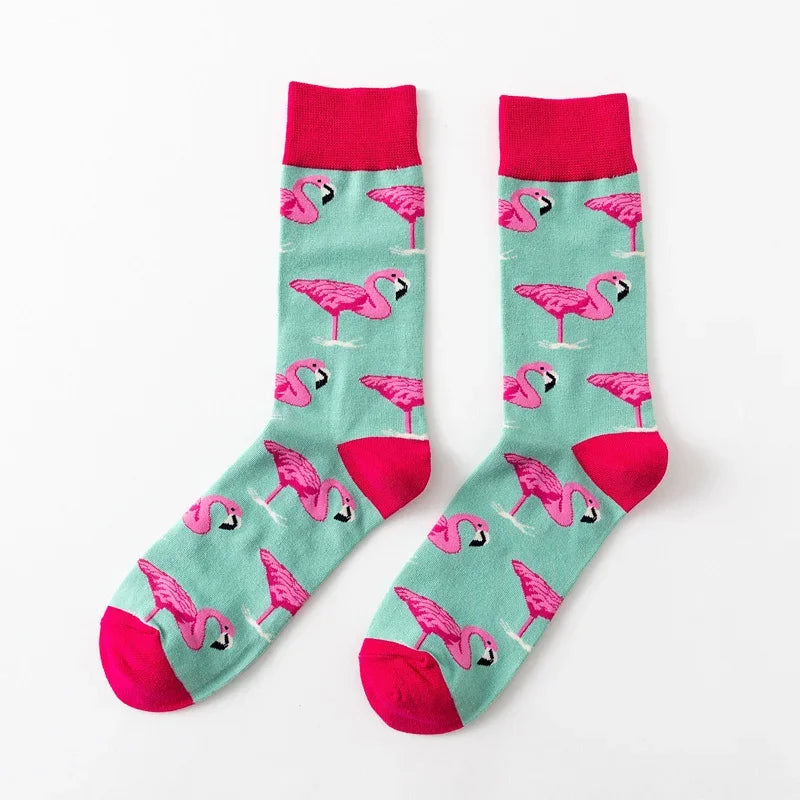 Cartoon Flamingo Cotton Crew Socks - Funny Harajuku Casual Pair